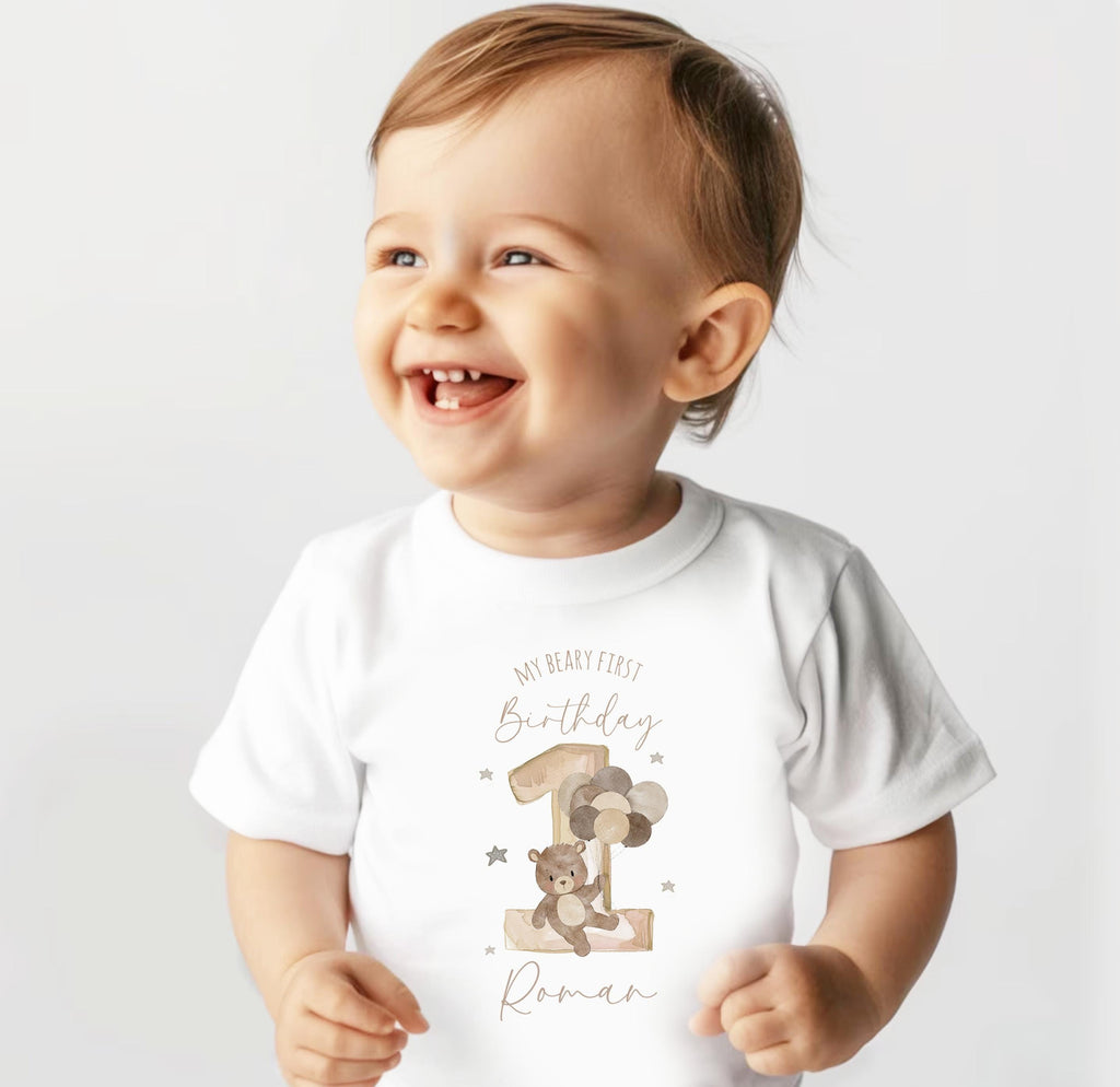 Beary First Birthday Baby Boy Toddler Teddy Bear Birthday Tshirt, 1st Bday Party Cake Smash Outfit