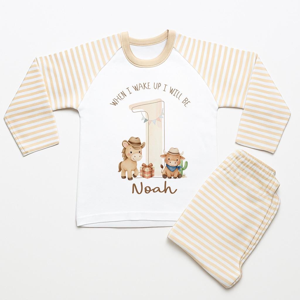 Cowboy Western First Birthday Pyjamas, When I Wake Up I’ll Be One Custom 1st Birthday Pjs, Personalized Rodeo Birthday Sleepwear for Boys