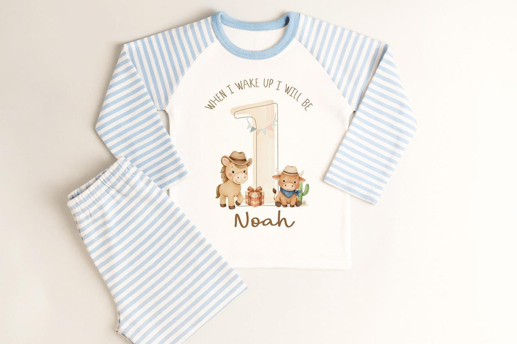 Cowboy Western First Birthday Pyjamas, When I Wake Up I’ll Be One Custom 1st Birthday Pjs, Personalized Rodeo Birthday Sleepwear for Boys