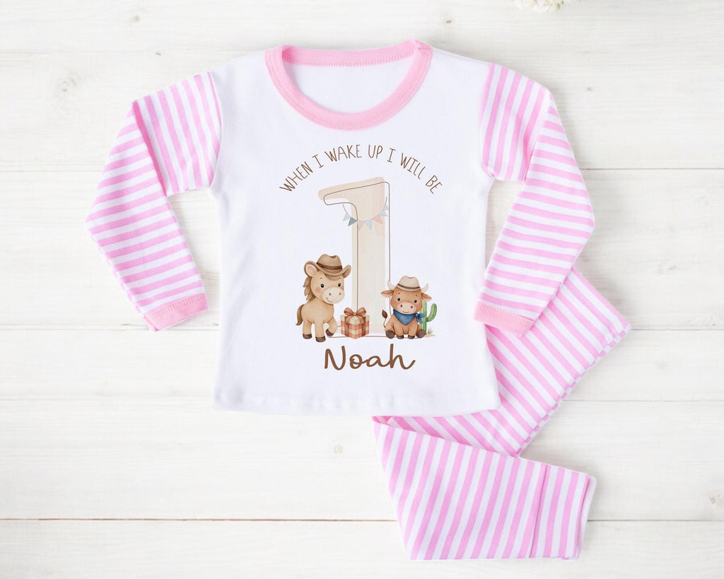 Cowboy Western First Birthday Pyjamas, When I Wake Up I’ll Be One Custom 1st Birthday Pjs, Personalized Rodeo Birthday Sleepwear for Boys