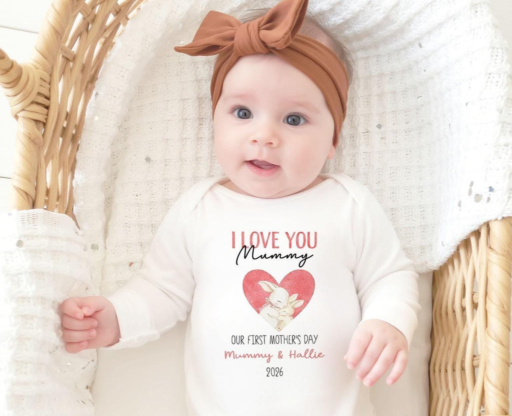 Custom Name Bunny First Mother's Day Tshirt Outfit Baby Gift for Mum