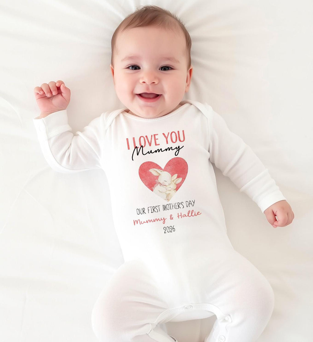 Custom Name Bunny First Mother's Day Tshirt Outfit Baby Gift for Mum