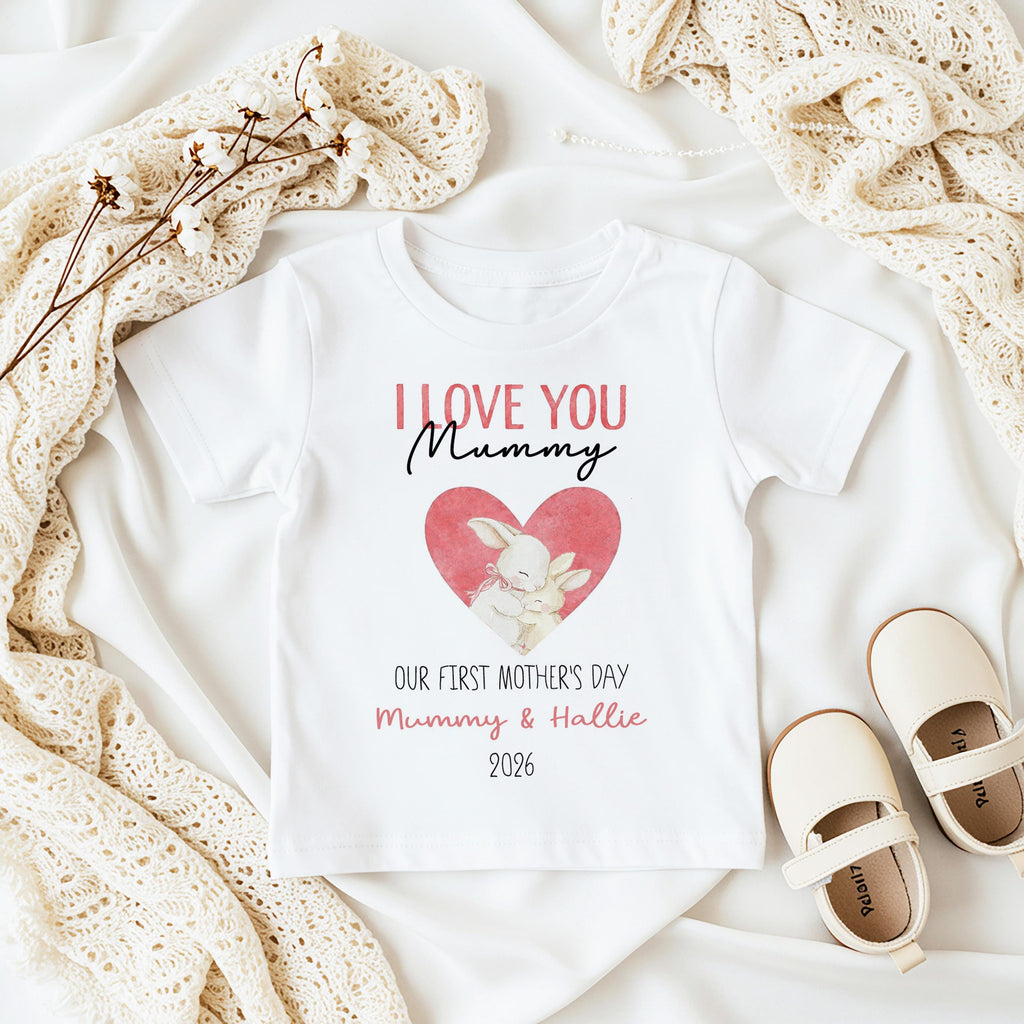 Custom Name Bunny First Mother's Day Tshirt Outfit Baby Gift for Mum