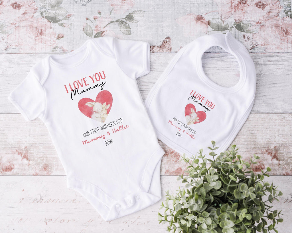 Custom Name Bunny First Mother's Day Tshirt Outfit Baby Gift for Mum