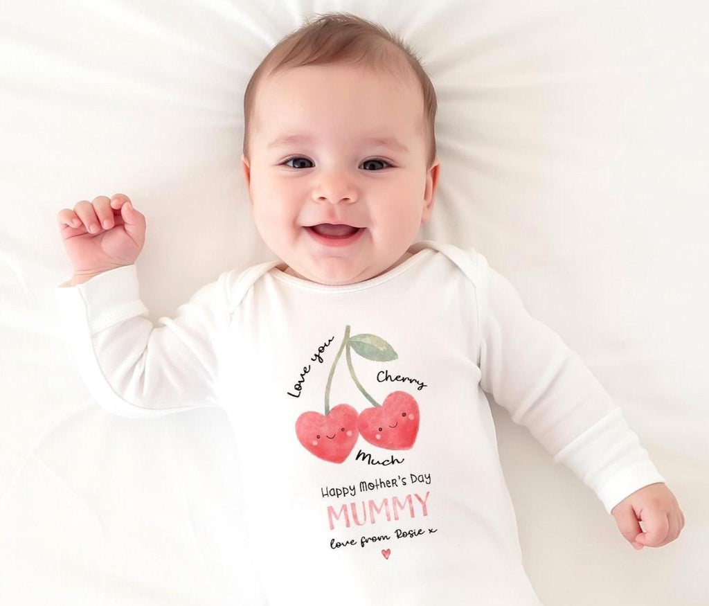 Custom Name Cherry First Mother's Day Baby Grow Outfit Baby Gift for Mum