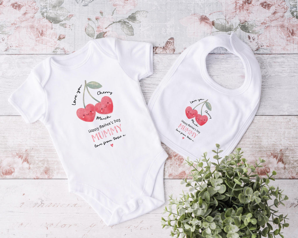 Custom Name Cherry First Mother's Day Baby Grow Outfit Baby Gift for Mum