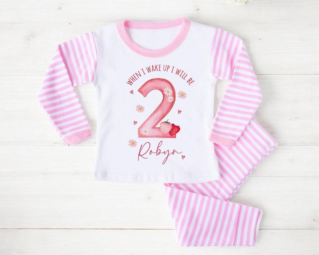 Girl's berry 2nd Birthday pyjamas, Strawberry birthday pjs Keepsake, Second Birthday baby girl pjs, when i wake up i will be Two