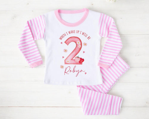 Girl's berry 2nd Birthday pyjamas, Strawberry birthday pjs Keepsake, Second Birthday baby girl pjs, when i wake up i will be Two