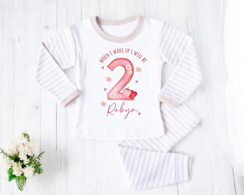 Girl's berry 2nd Birthday pyjamas, Strawberry birthday pjs Keepsake, Second Birthday baby girl pjs, when i wake up i will be Two