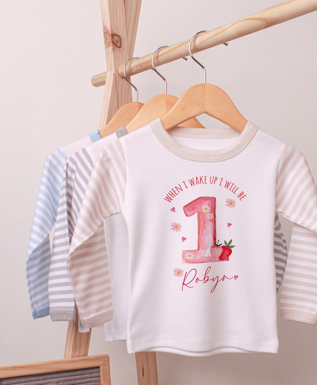 Girl's berry first Birthday pyjamas, Strawberry birthday pjs Keepsake, 1st Birthday baby girl pjs, when i wake up i will be one