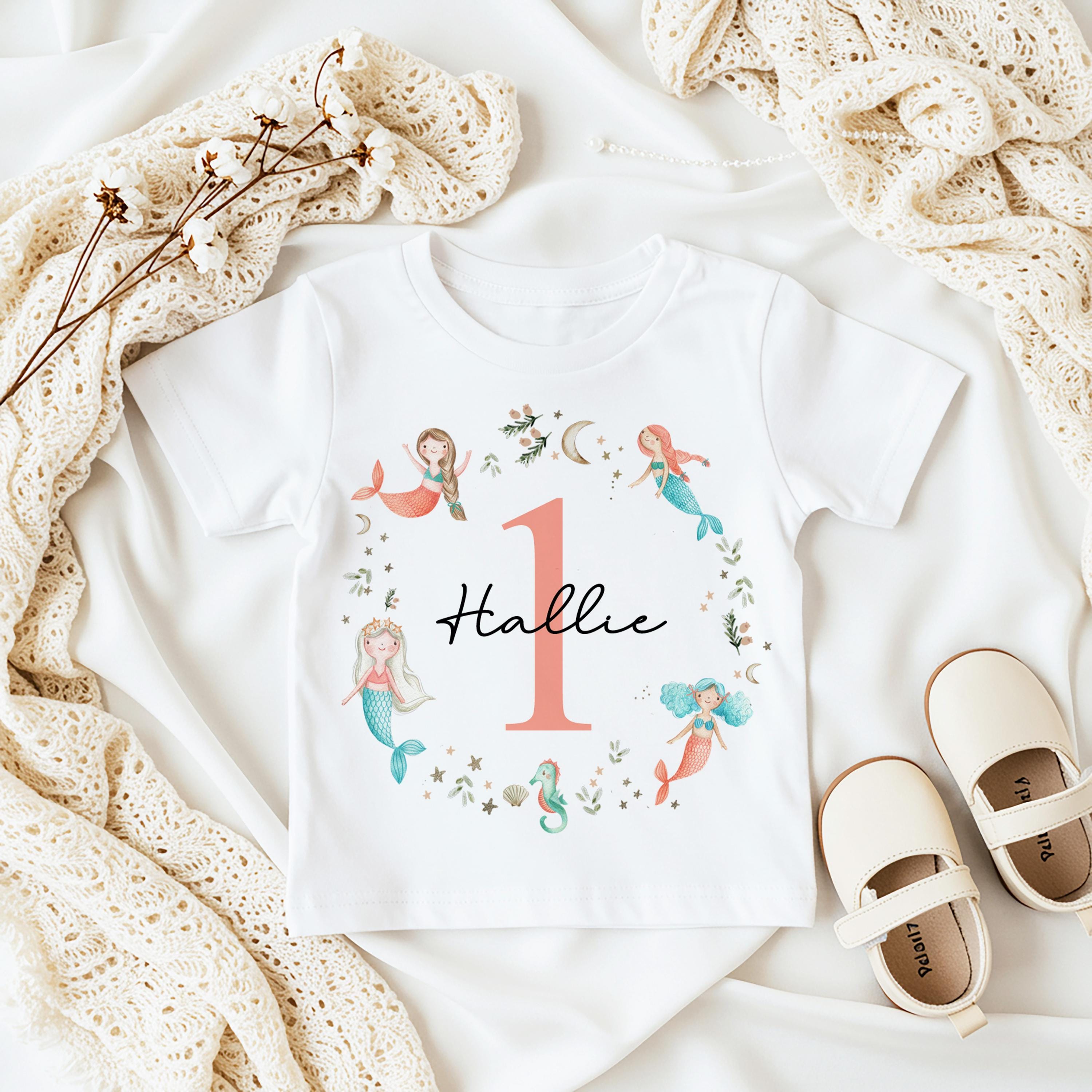 Personalised Baby Girl First Birthday Mermaid T-Shirt, Custom 1st Birthday Outfit, Toddler Bday Top, Cake Smash Shirt