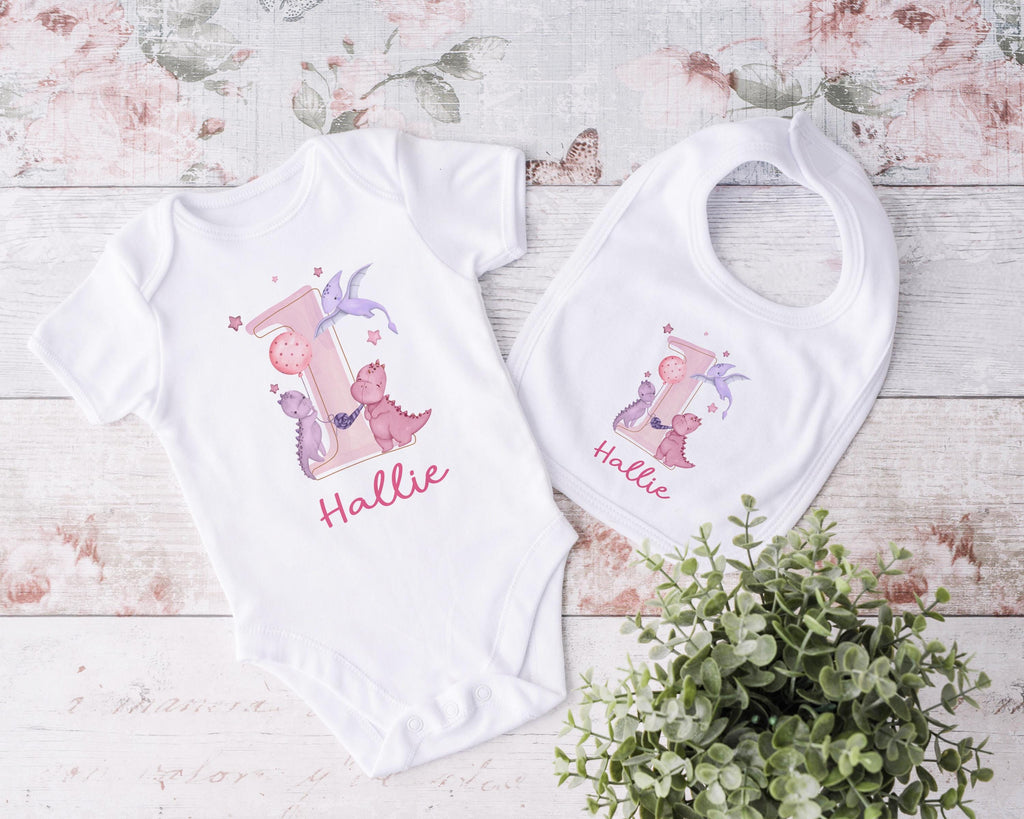 Personalised Baby Girl First Birthday Pink Dinosaur Babygrow, Personalized 1st bday Sleepsuit