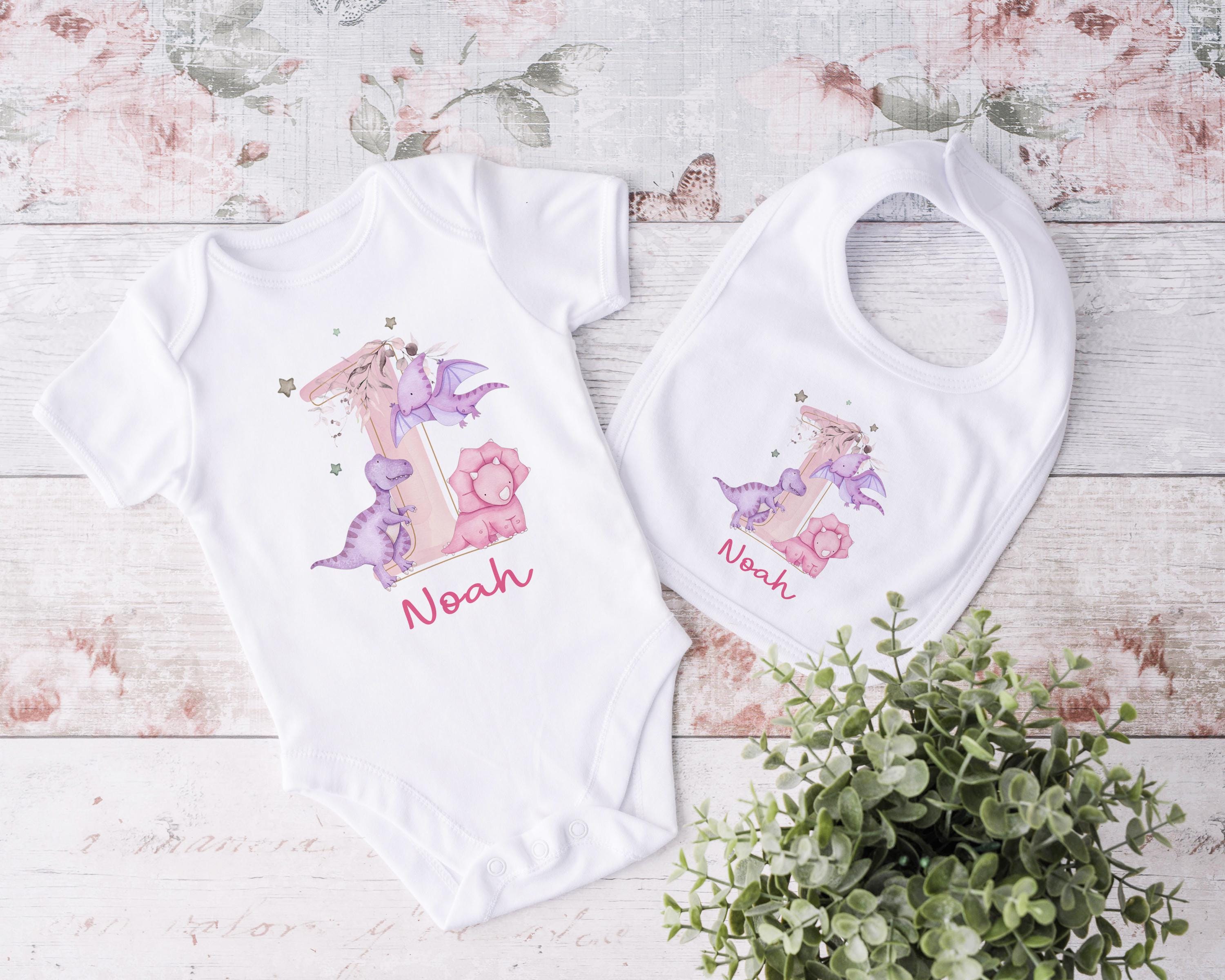 Personalised Baby Girl First Birthday Pink Dinosaur Babygrow, Personalized 1st bday Sleepsuit