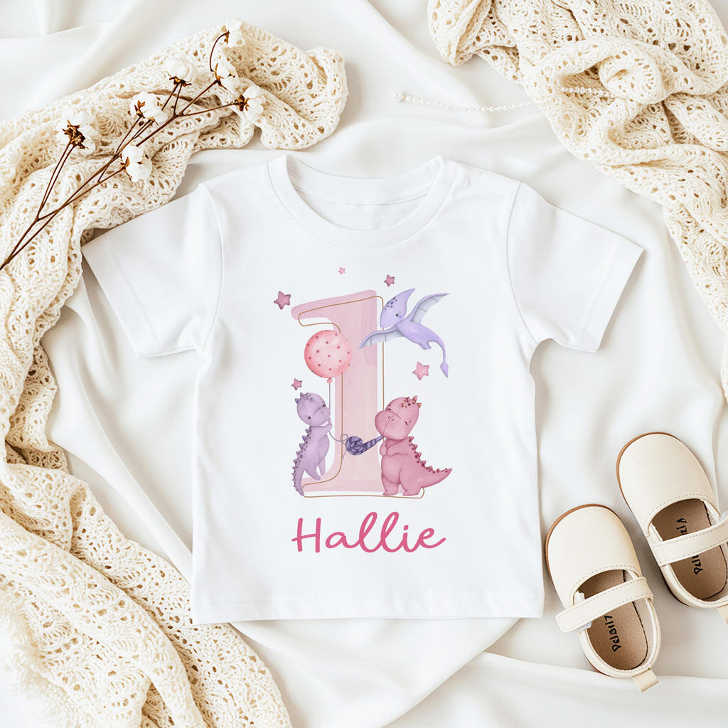 Personalised Baby Girl First Birthday Pink Dinosaur Tshirt, Personalized 1st bday Outfit
