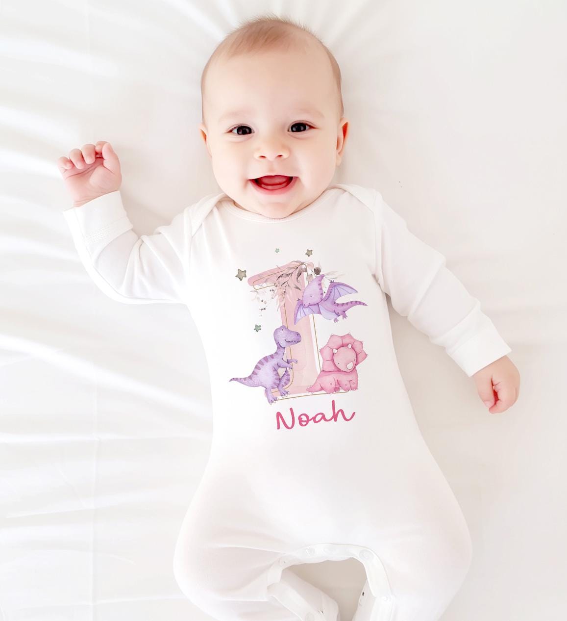 Personalised Baby Girl First Birthday Pink Dinosaur Tshirt, Personalized 1st bday Outfit