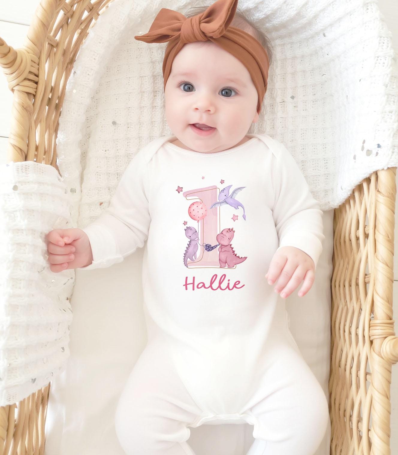 Personalised Baby Girl First Birthday Pink Dinosaur Tshirt, Personalized 1st bday Outfit
