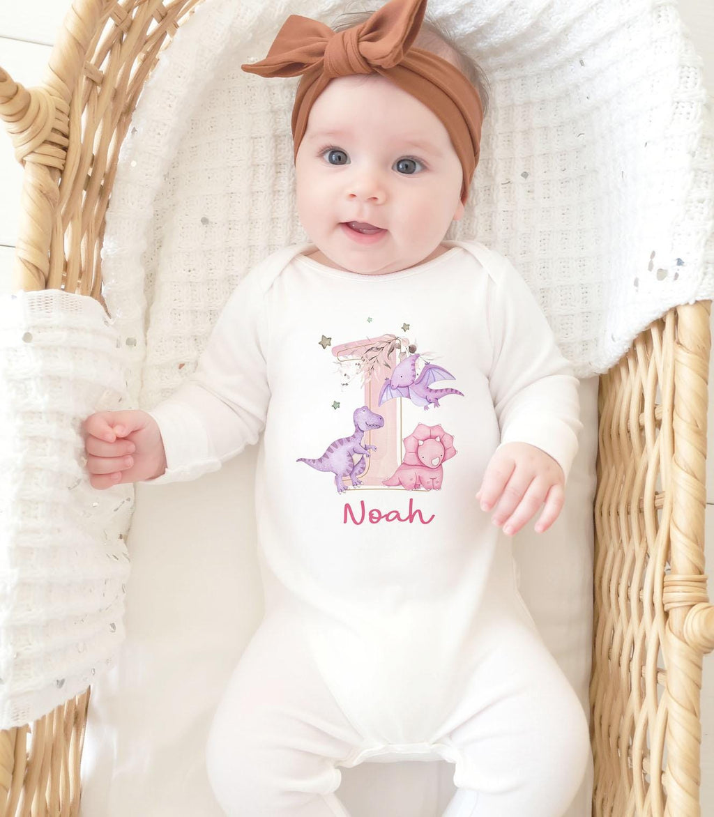 Personalised Baby Girl First Birthday Pink Dinosaur Tshirt, Personalized 1st bday Outfit