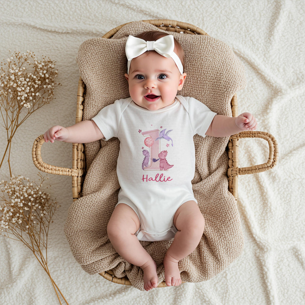 Personalised Baby Girl First Birthday Pink Dinosaur Tshirt, Personalized 1st bday Outfit