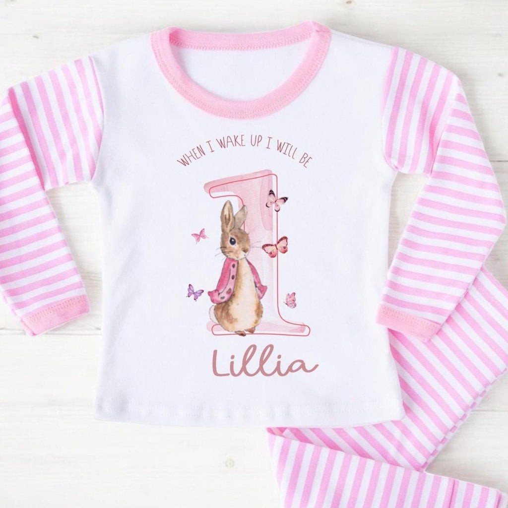Personalised Bunny Rabbit 1st birthday pyjamas, When I wake up I will be one outfit, Butterfly Bunny Rabbit theme birthday pjs