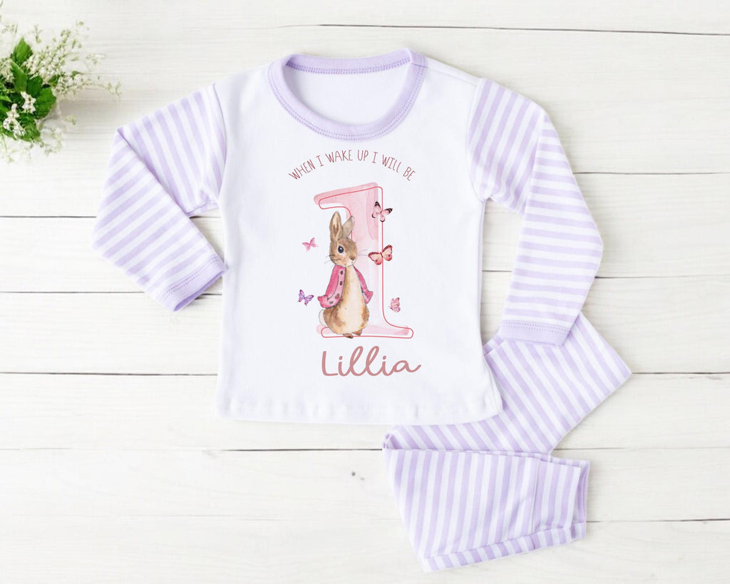 Personalised Bunny Rabbit 1st birthday pyjamas, When I wake up I will be one outfit, Butterfly Bunny Rabbit theme birthday pjs