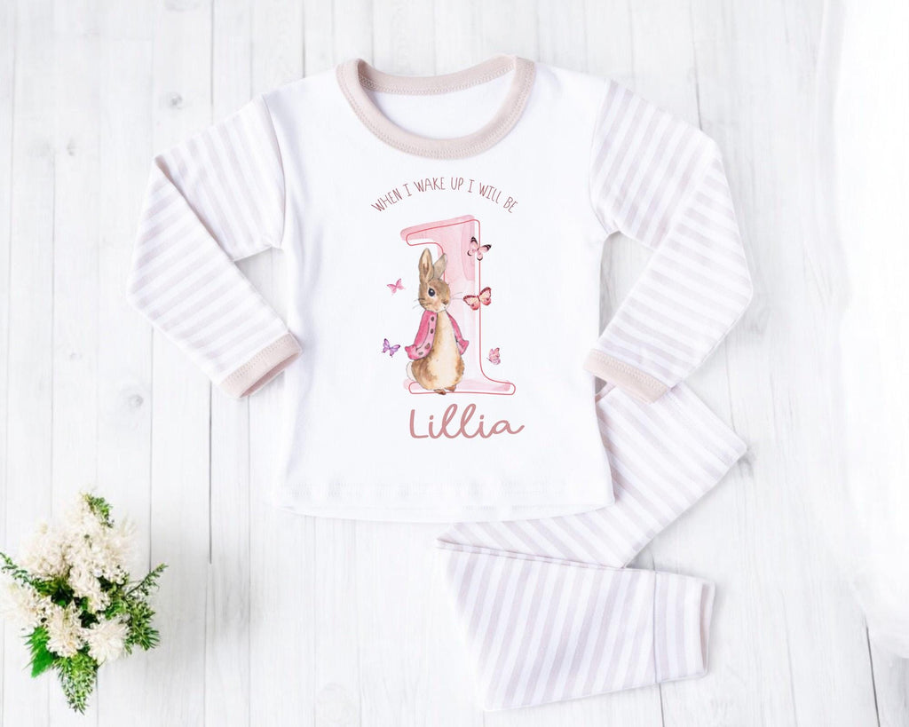 Personalised Bunny Rabbit 1st birthday pyjamas, When I wake up I will be one outfit, Butterfly Bunny Rabbit theme birthday pjs