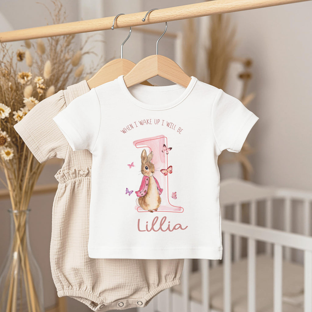 Personalised Bunny Rabbit 1st birthday pyjamas, When I wake up I will be one outfit, Butterfly Bunny Rabbit theme birthday pjs