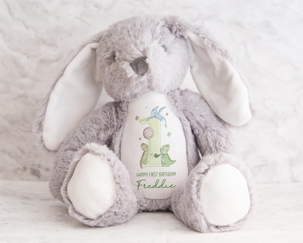 Personalised First Birthday Bunny, 1st Birthday Dinosaur Gift Boy Teddy, 1st Baby Boy Birthday Present, Personalised 1st Birthday Soft Toy