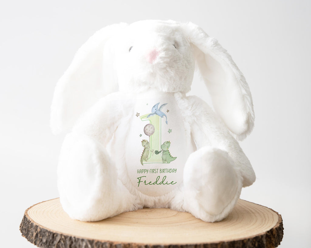 Personalised First Birthday Bunny, 1st Birthday Dinosaur Gift Boy Teddy, 1st Baby Boy Birthday Present, Personalised 1st Birthday Soft Toy
