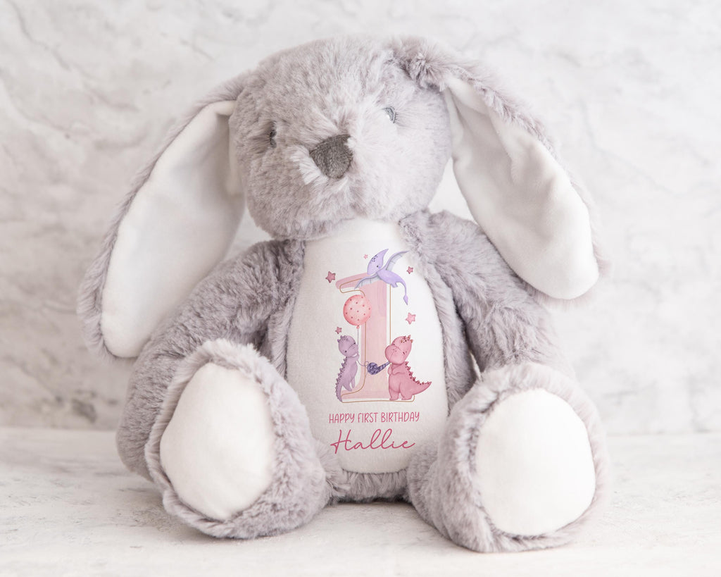 Personalised First Birthday Bunny, 1st Birthday Dinosaur Gift Girl Teddy, 1st Baby Girl Birthday Present, Personalised 1st Birthday Soft Toy