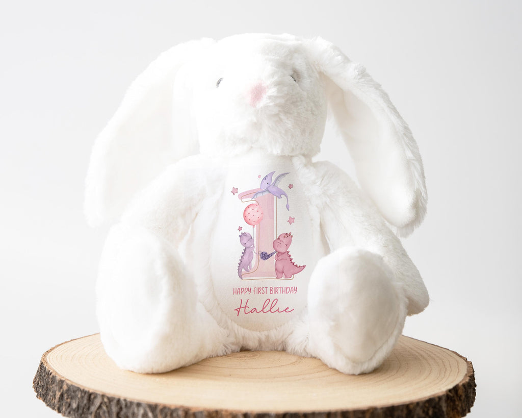 Personalised First Birthday Bunny, 1st Birthday Dinosaur Gift Girl Teddy, 1st Baby Girl Birthday Present, Personalised 1st Birthday Soft Toy