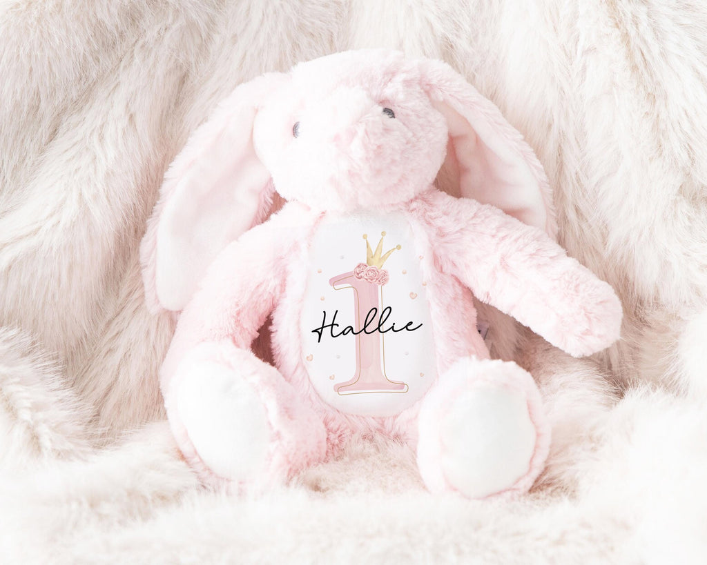 Personalised First Birthday Bunny, Princess Crown Gift Girl Teddy, 1st Baby Girl Birthday Present, Personalised 1st Birthday Soft Toy