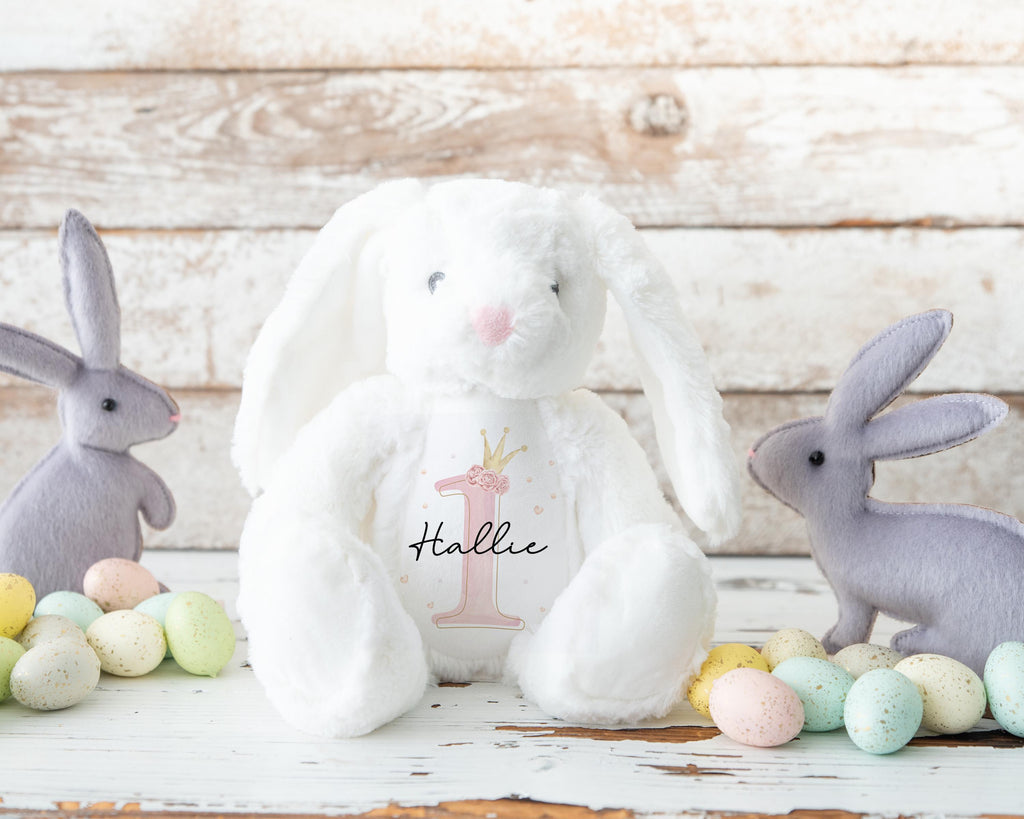 Personalised First Birthday Bunny, Princess Crown Gift Girl Teddy, 1st Baby Girl Birthday Present, Personalised 1st Birthday Soft Toy