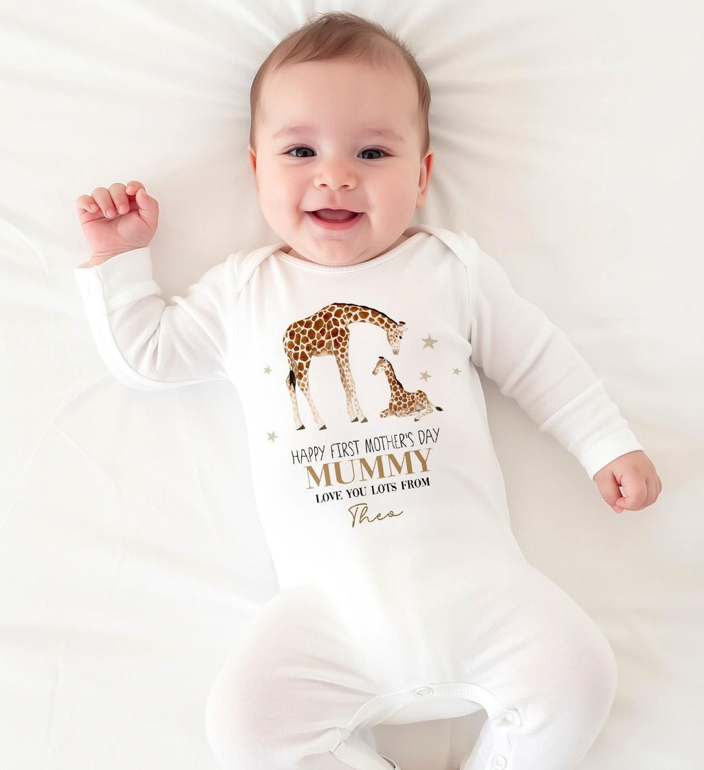 Personalised First Mother's Day Gift, Our 1st Mother's Day Sleepsuit, Babies Giraffe Mother's Day Outfit