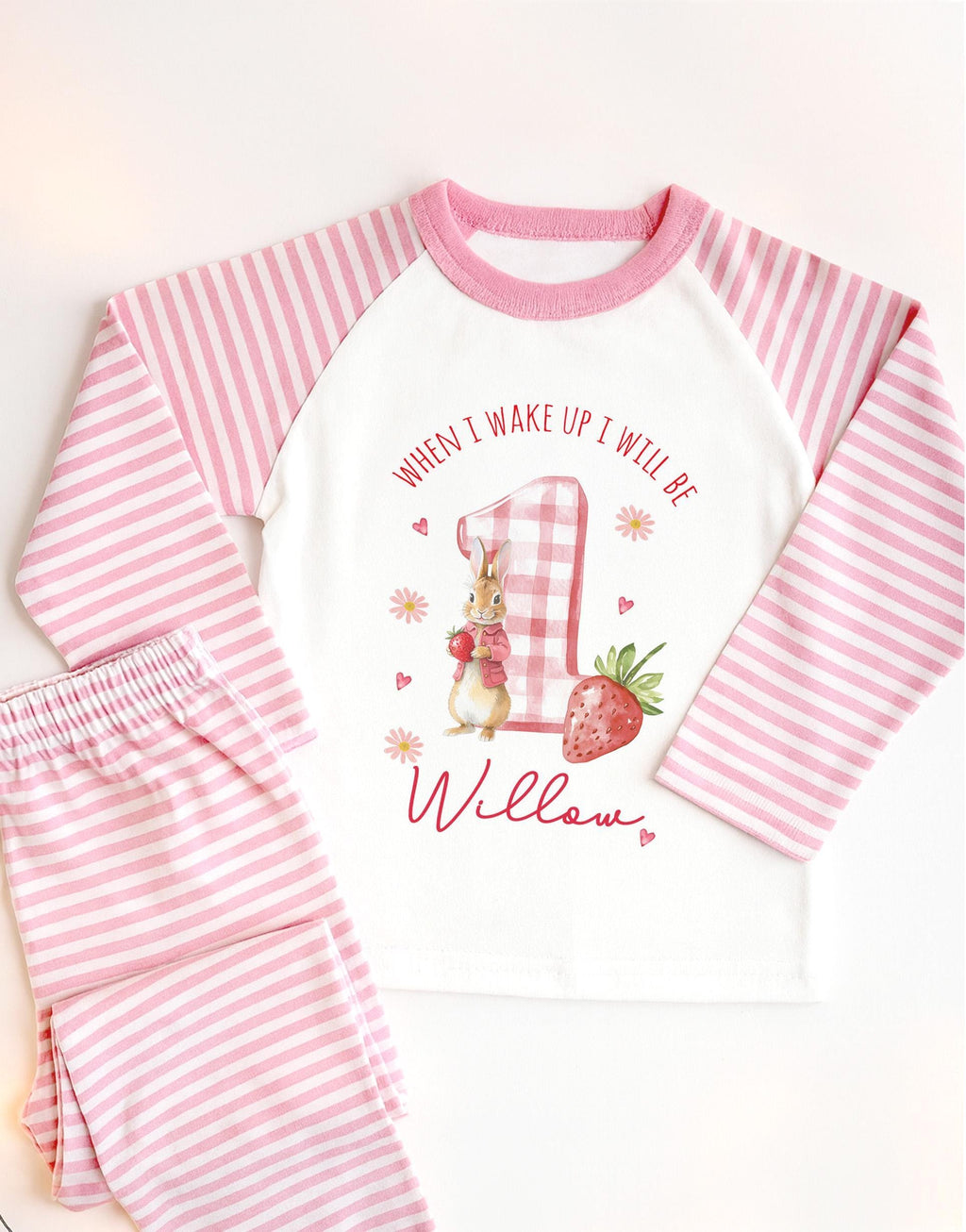 Personalised Girl Pink Strawberry Birthday Pyjamas, When I Wake Up I’ll Be 1 PJs, Toddler Birthday Pjs, Berry First Pyjamas