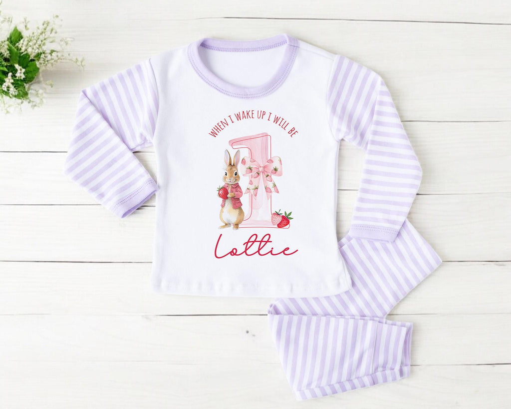 Personalised Girl Pink Strawberry Birthday Pyjamas, When I Wake Up I’ll Be 1 PJs, Toddler Birthday Pjs, Berry First Pyjamas