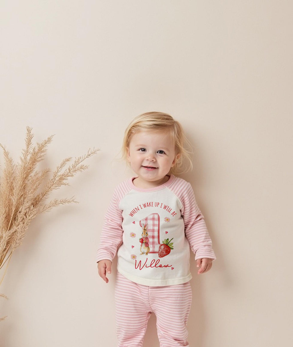 Personalised Girl Pink Strawberry Birthday Pyjamas, When I Wake Up I’ll Be 1 PJs, Toddler Birthday Pjs, Berry First Pyjamas