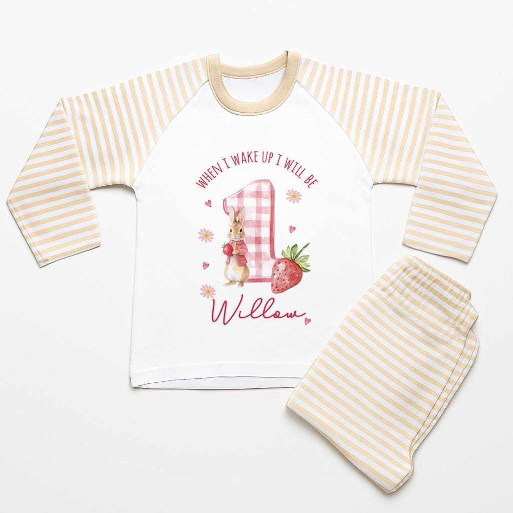 Personalised Girl Pink Strawberry Birthday Pyjamas, When I Wake Up I’ll Be 1 PJs, Toddler Birthday Pjs, Berry First Pyjamas