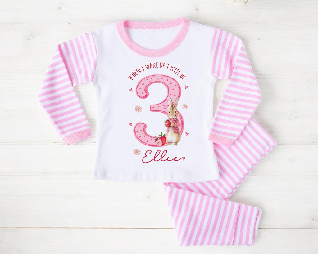 Personalised Girl Pink Strawberry Birthday Pyjamas, When I Wake Up I’ll Be 3 PJs, Toddler Birthday Pjs, Berry third Pyjamas