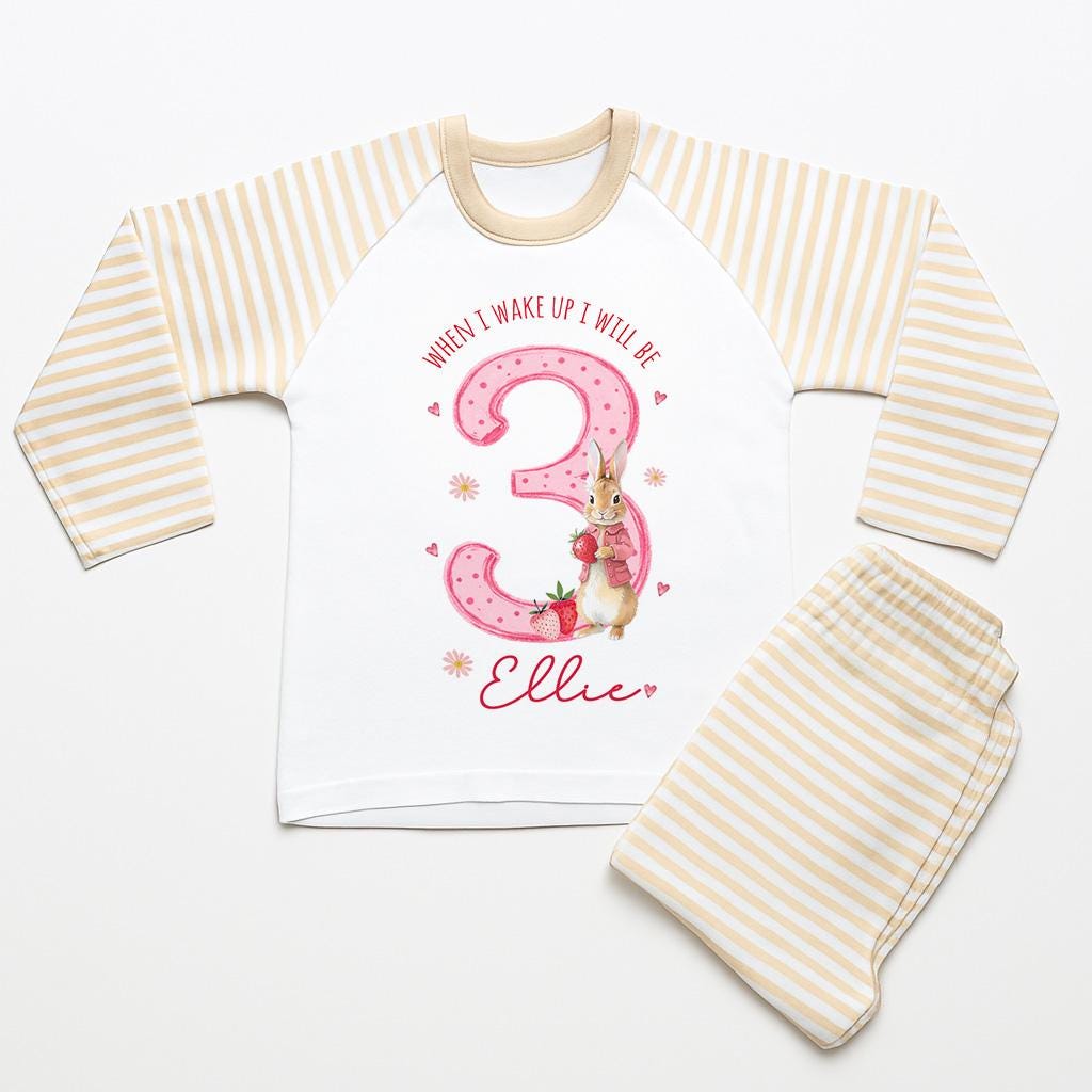 Personalised Girl Pink Strawberry Birthday Pyjamas, When I Wake Up I’ll Be 3 PJs, Toddler Birthday Pjs, Berry third Pyjamas
