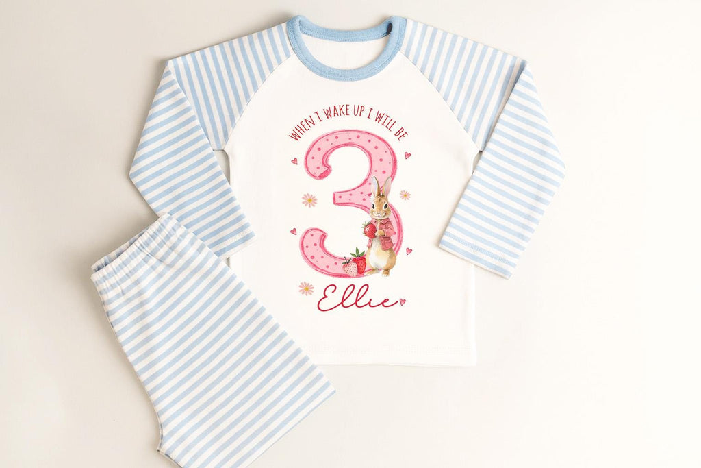 Personalised Girl Pink Strawberry Birthday Pyjamas, When I Wake Up I’ll Be 3 PJs, Toddler Birthday Pjs, Berry third Pyjamas