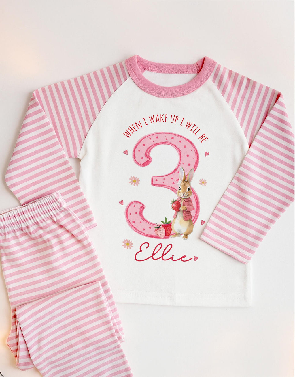 Personalised Girl Pink Strawberry Birthday Pyjamas, When I Wake Up I’ll Be 3 PJs, Toddler Birthday Pjs, Berry third Pyjamas