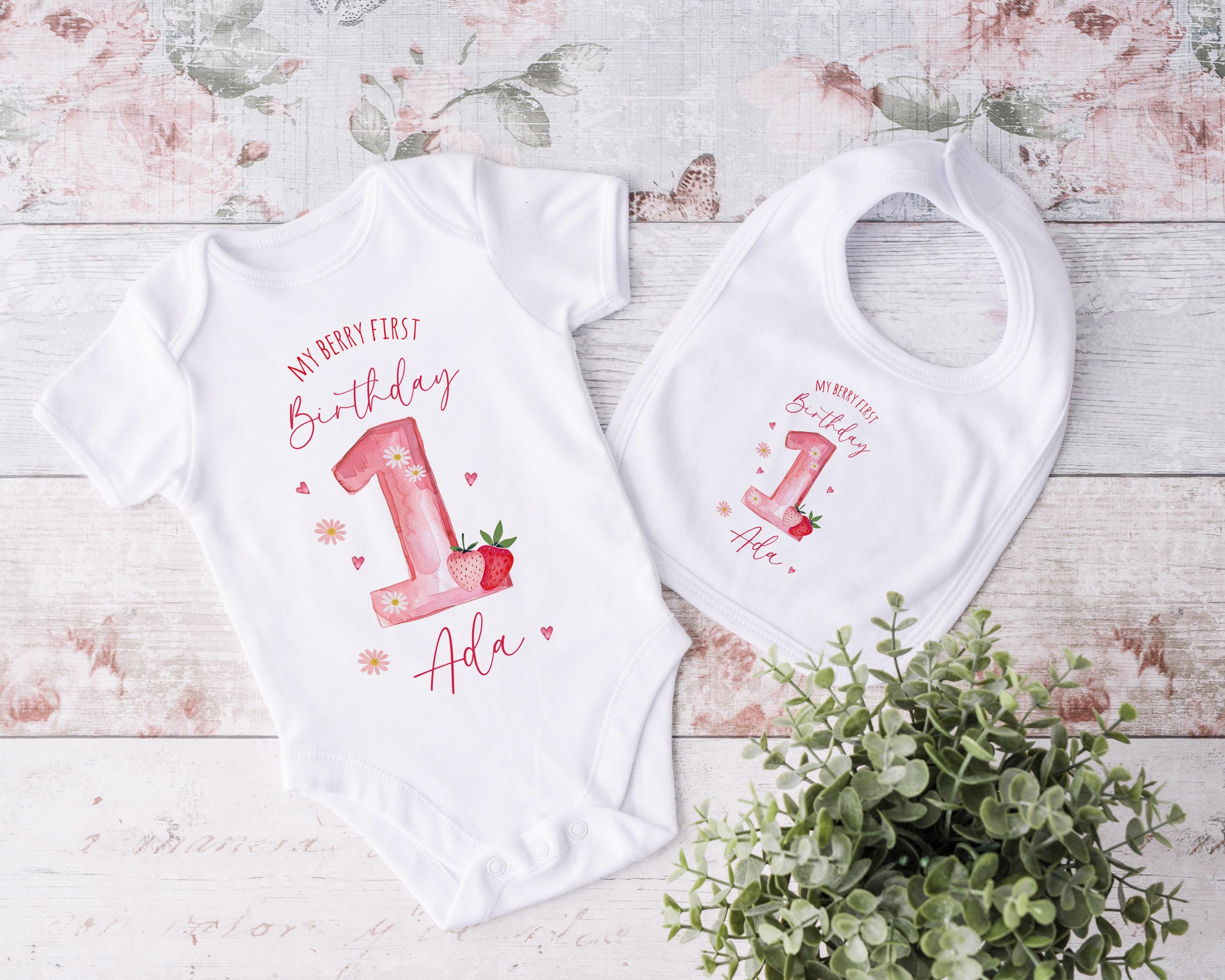 Personalised Girl Pink Strawberry Birthday Tshirt, Toddler Birthday Outfit, Berry First Pink Rabbit First Birthday T-shirt Top