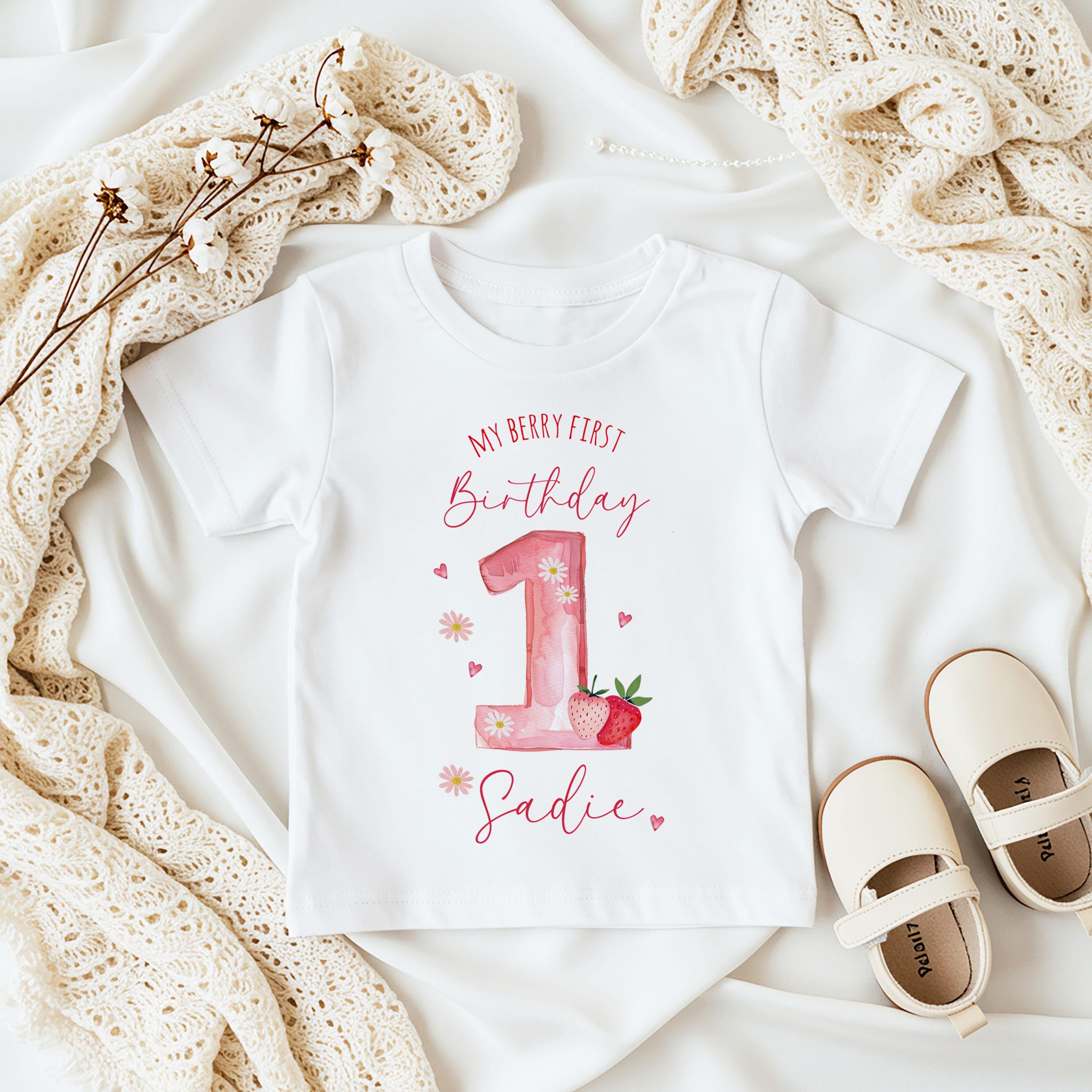 Personalised Girl Pink Strawberry Birthday Tshirt, Toddler Birthday Outfit, Berry First Pink Rabbit First Birthday T-shirt Top