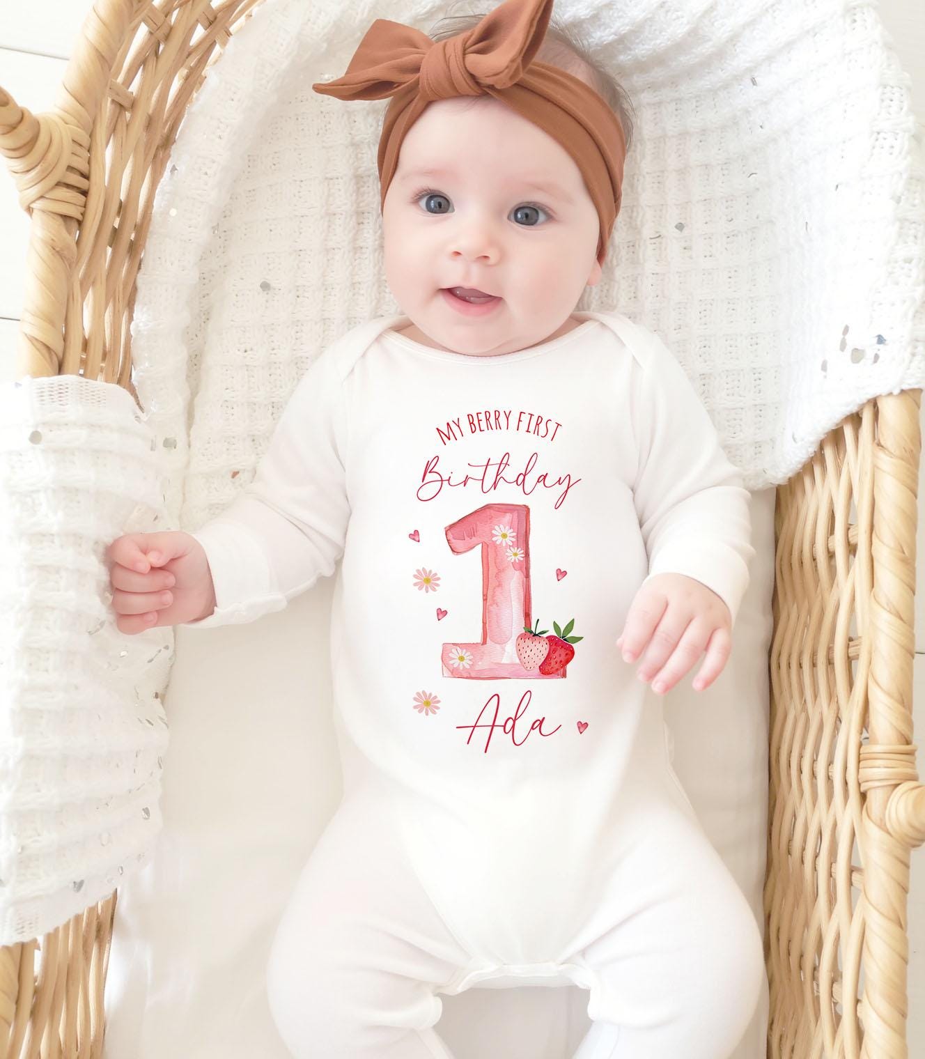 Personalised Girl Pink Strawberry Birthday Tshirt, Toddler Birthday Outfit, Berry First Pink Rabbit First Birthday T-shirt Top