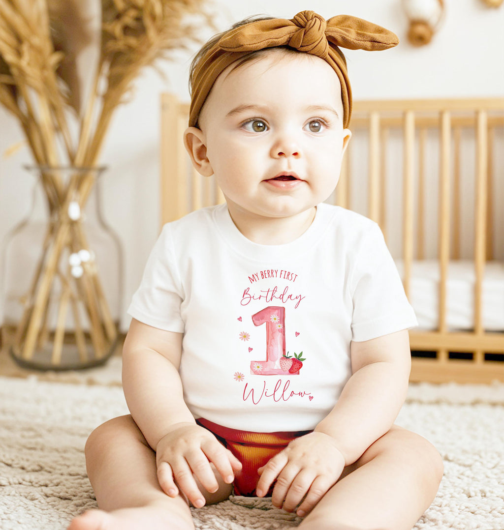 Personalised Girl Pink Strawberry Birthday Tshirt, Toddler Birthday Outfit, Berry First Pink Rabbit First Birthday T-shirt Top