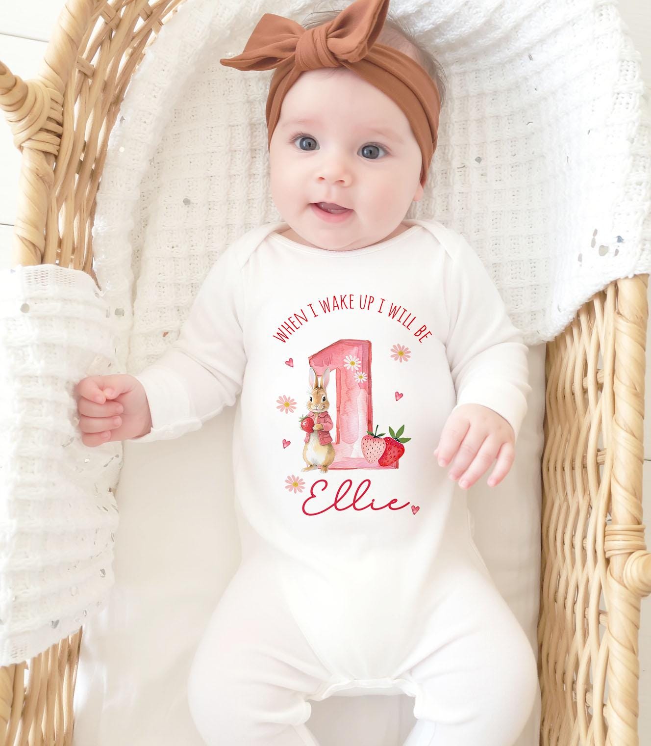 Personalised Girl Pink Strawberry Birthday sleepsuit, Toddler Birthday Babygrow, Berry First Pink Rabbit First Birthday Vest Bib T-shirt Top