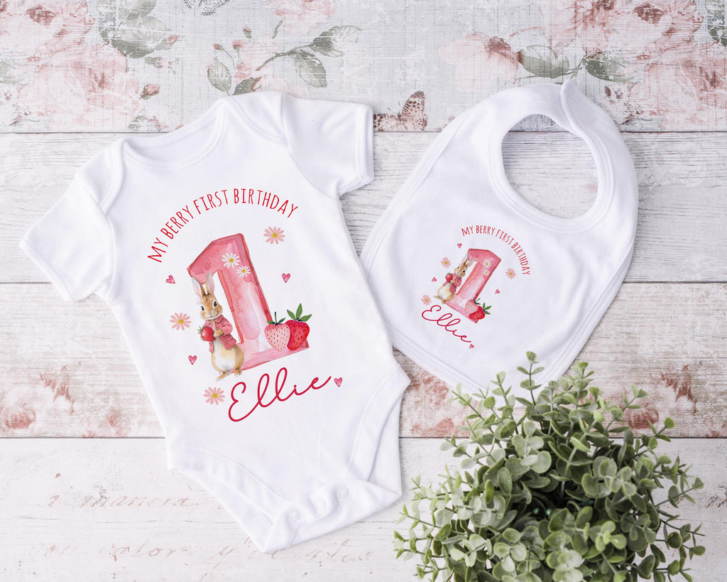 Personalised Girl Pink Strawberry Birthday sleepsuit, Toddler Birthday Babygrow, Berry First Pink Rabbit First Birthday Vest Bib T-shirt Top