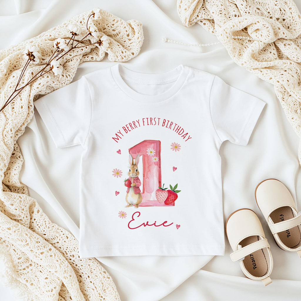 Personalised Girl Pink Strawberry Birthday sleepsuit, Toddler Birthday Babygrow, Berry First Pink Rabbit First Birthday Vest Bib T-shirt Top