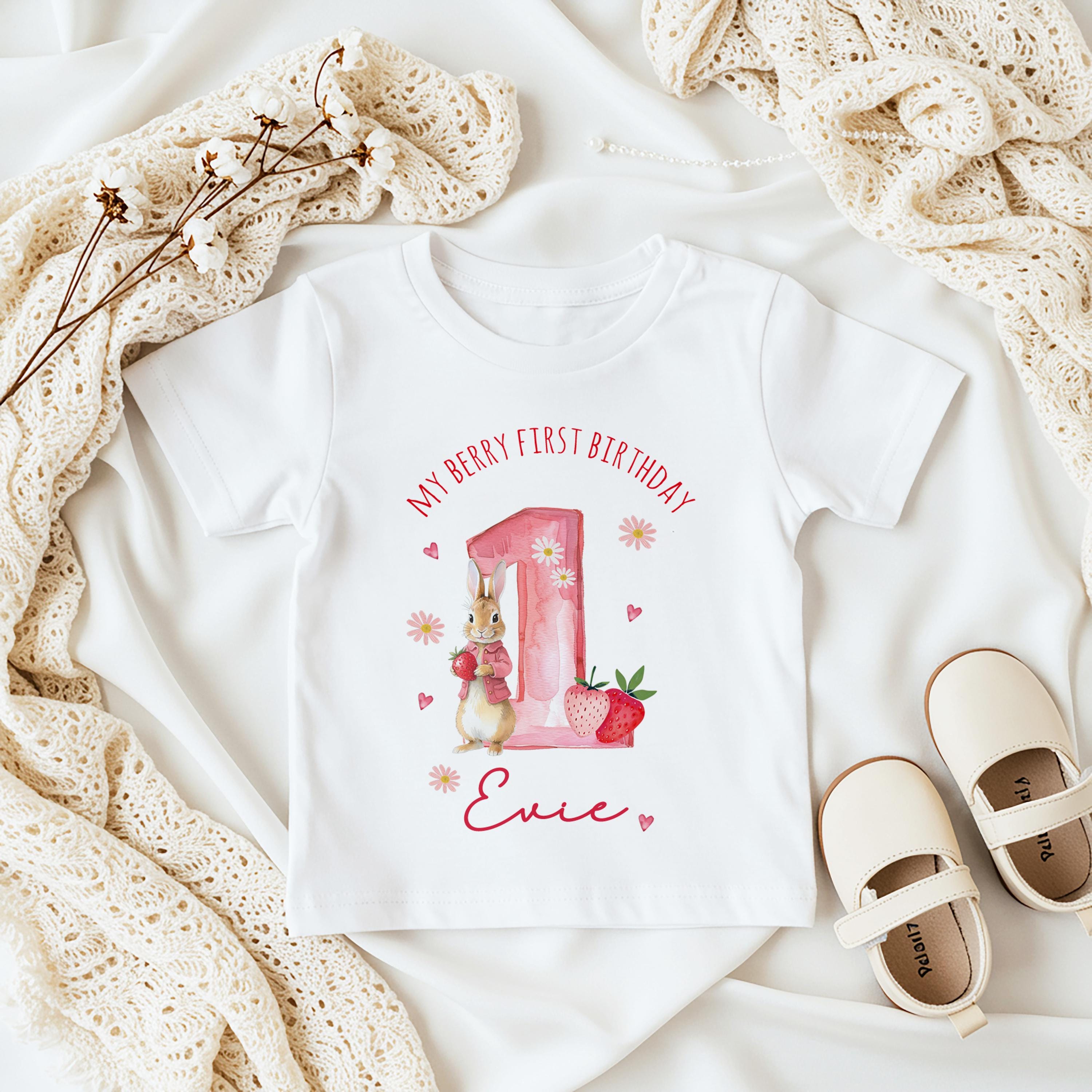 Personalised Girl Pink Strawberry Birthday sleepsuit, Toddler Birthday Babygrow, Berry First Pink Rabbit First Birthday Vest Bib T-shirt Top