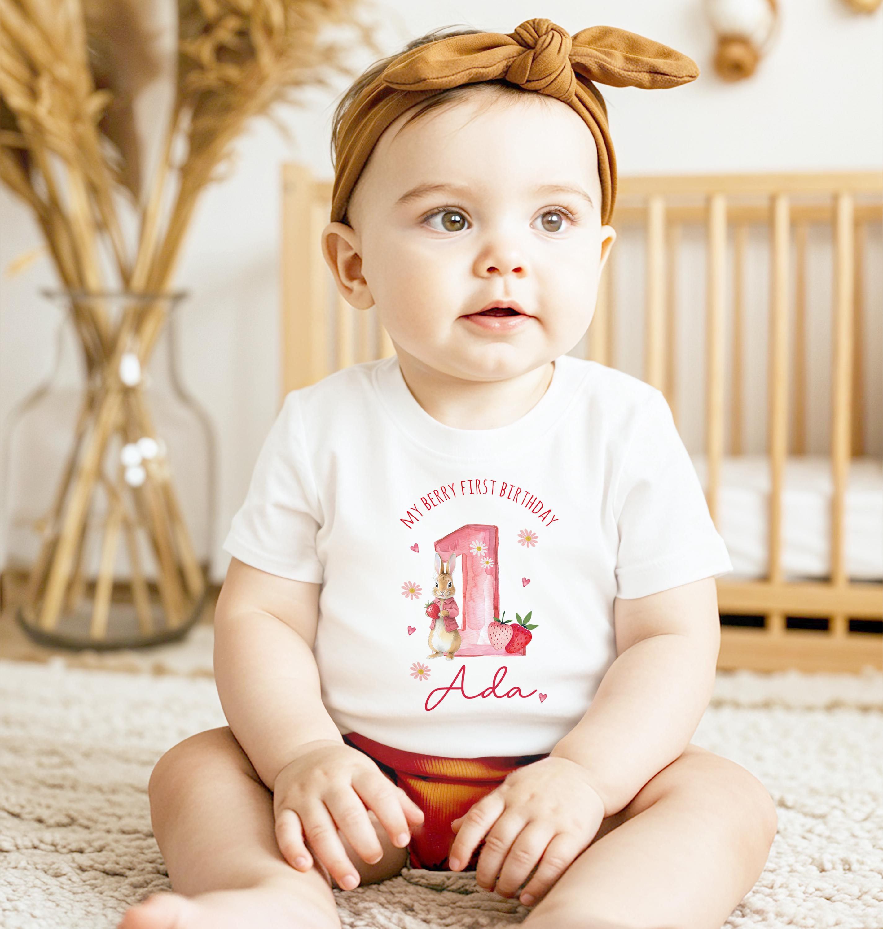 Personalised Girl Pink Strawberry Birthday sleepsuit, Toddler Birthday Babygrow, Berry First Pink Rabbit First Birthday Vest Bib T-shirt Top